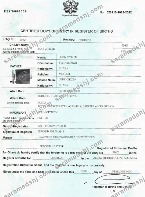 Ghana birth certificate template in PSD format